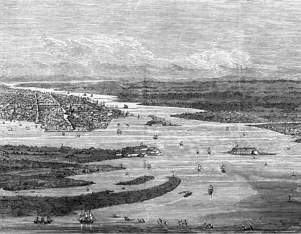 Charleston havn, South Carolina, med sunkne skibe af Unbekannt