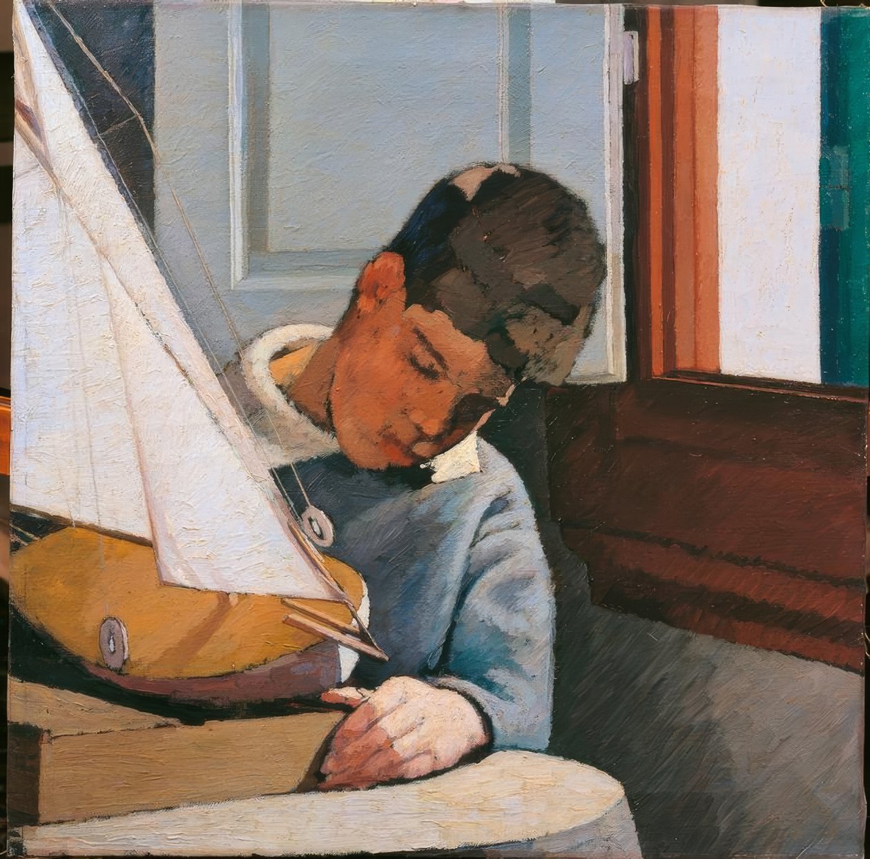 Barn ung dreng søn af maleren sidder ved et bord og leger med en båd klassisk syntese kromatisk balance penselstrøg fuld af lys af Unbekannt