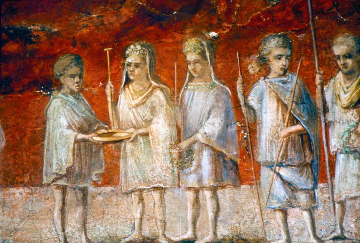 Børn i religiøs procession, romersk vægmaleri fra Ostia, c2.-3. århundrede af Unbekannt