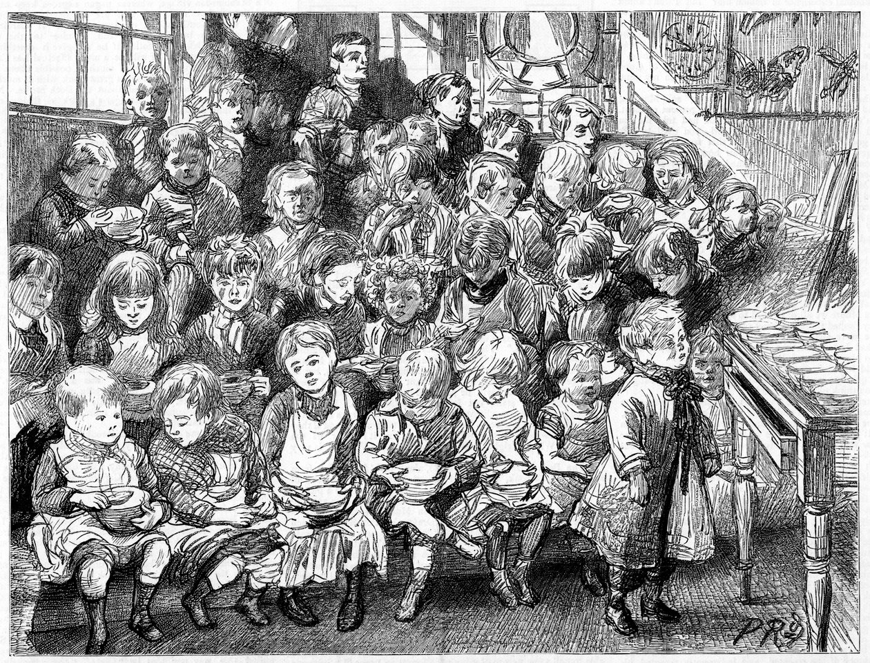 Børn venter på suppe ved middagstid, London Board School, Denmark Terrace, Islington, 1889 af Unbekannt