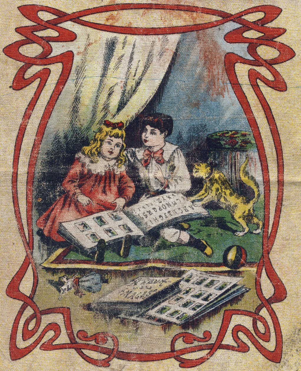 Børn ser en billedbog for at illustrere alfabetet. Fjerde cover af albummet drolatic. Serie nummer 4 i Albums-chromo på lærred. Kromolitografier på væv. Billeddannelse af Marcel Vagne, Jarville-Nancy, begyndelsen af det 20. århundrede. Mål: 25x17,5 cm af Unbekannt