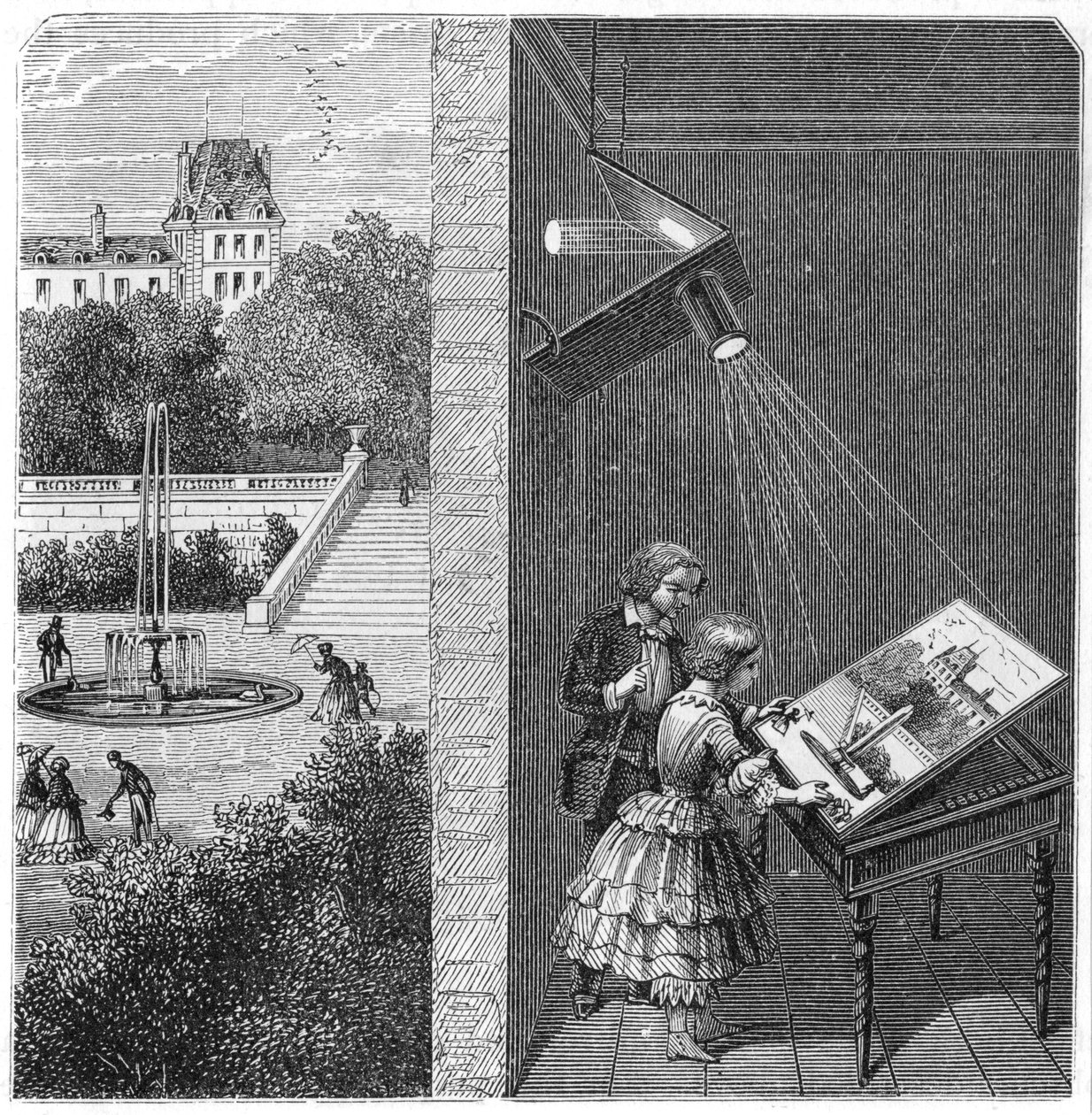 Børn ser en udendørs scene gennem en camera obscura, 1887 af Unbekannt
