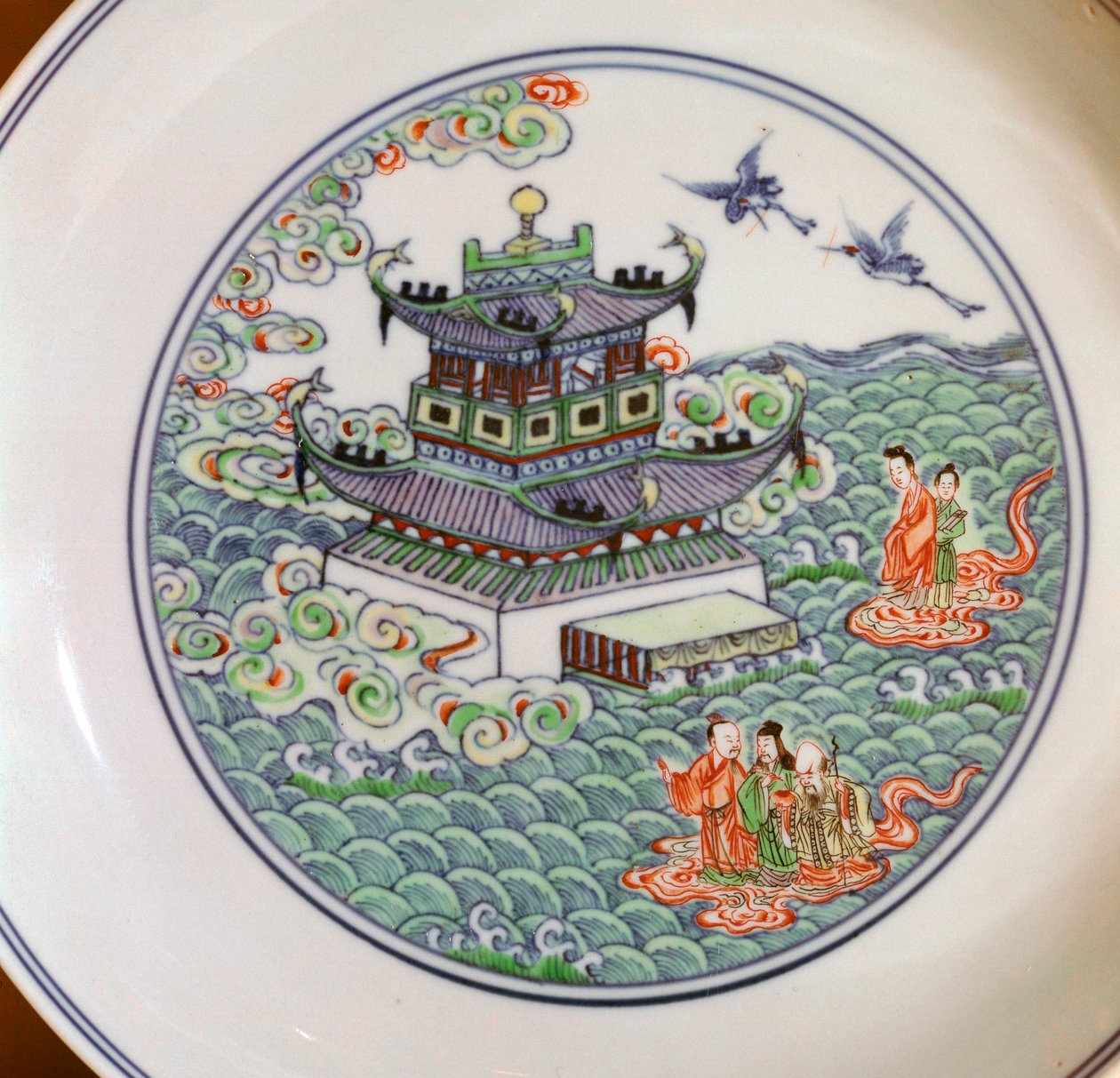 Kinesisk porcelænsfad, der viser den taoistiske triade, 1700-tallet af Unbekannt