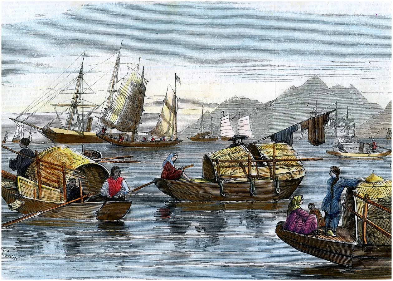 Kinesiske sampaner i havnen i Hong Kong, c1875 af Unbekannt