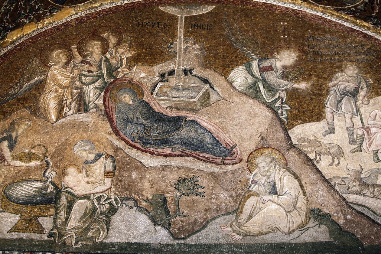 Chora kirkemuseum: Jesu fødsel mosaik (Maria hviler efter fødslen, Josef sidder) Istanbul Turkiet af Unbekannt