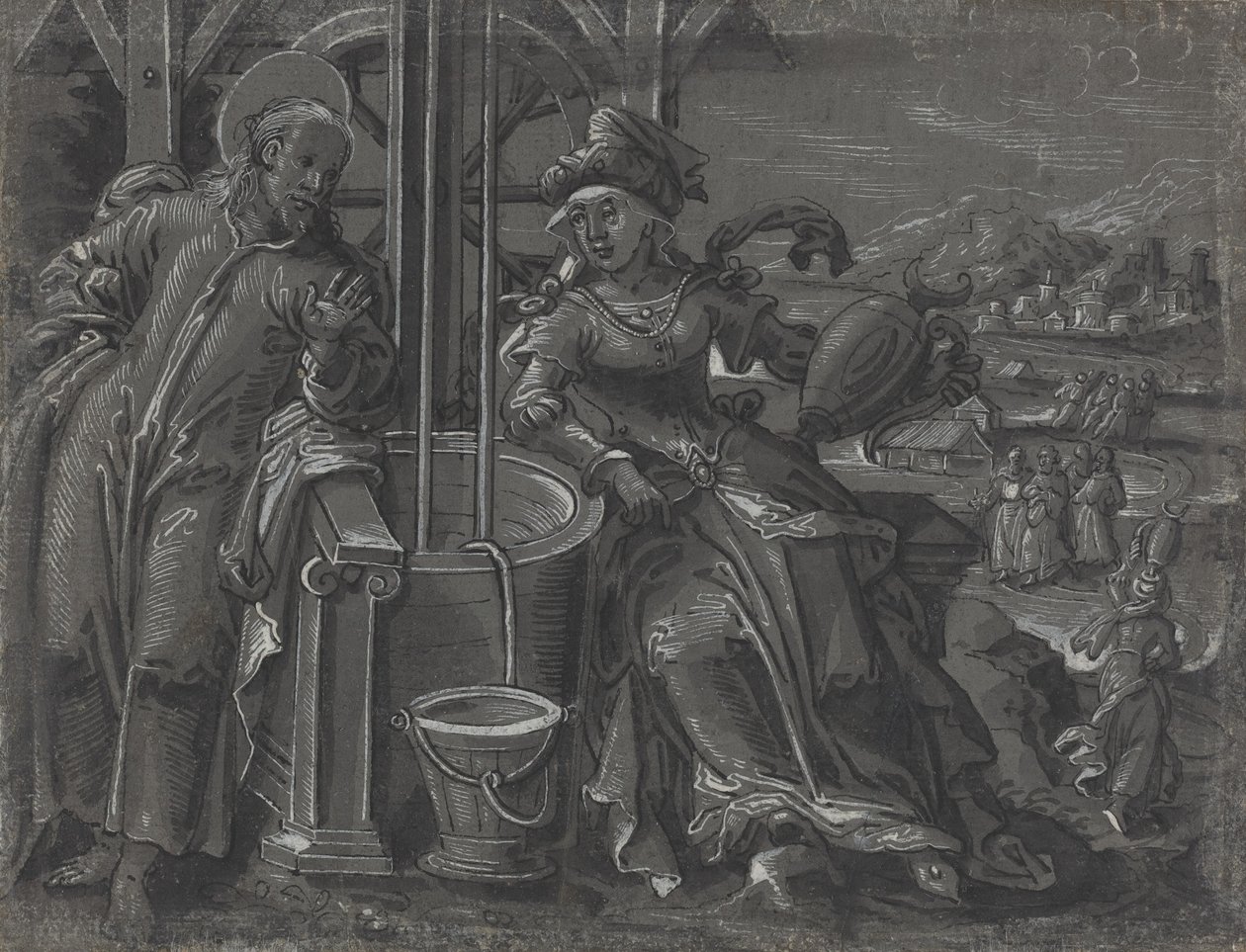 Kristus og kvinden i Samaria [verso], ca. 1600. af Unbekannt