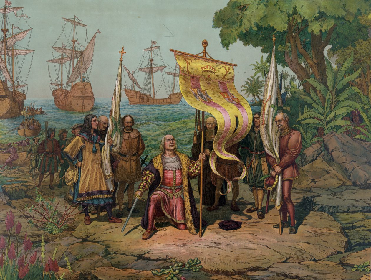 Christopher Columbus (1451 - 1506) hævder "den nye verden" for Spanien (litografi) af Unbekannt