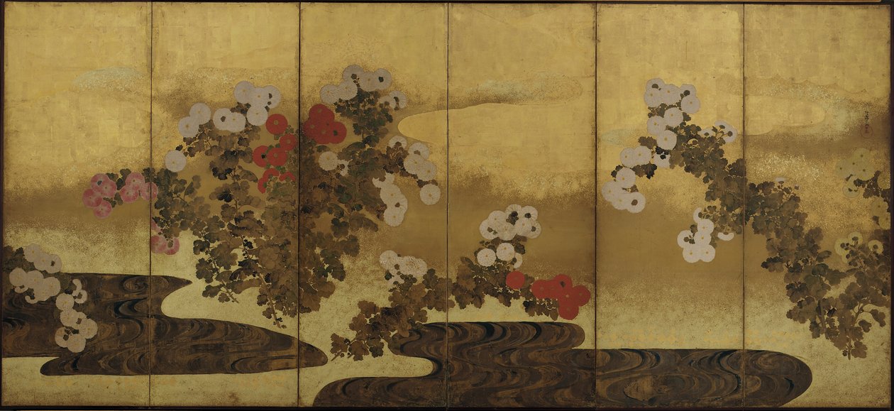 Krysantemum ved siden af et vandløb, Edo-periode, 1800-tallet. af Unbekannt