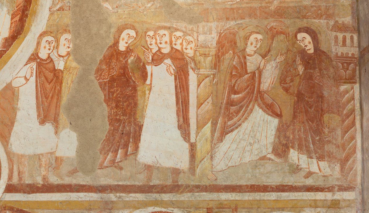 Kirke (Église Saint-Martin). Interiør. Vægmalerier (fresko). Skibets vestmur. Detalje. Anklage og bebudelse af Jomfruen. 12. århundrede. af Unbekannt