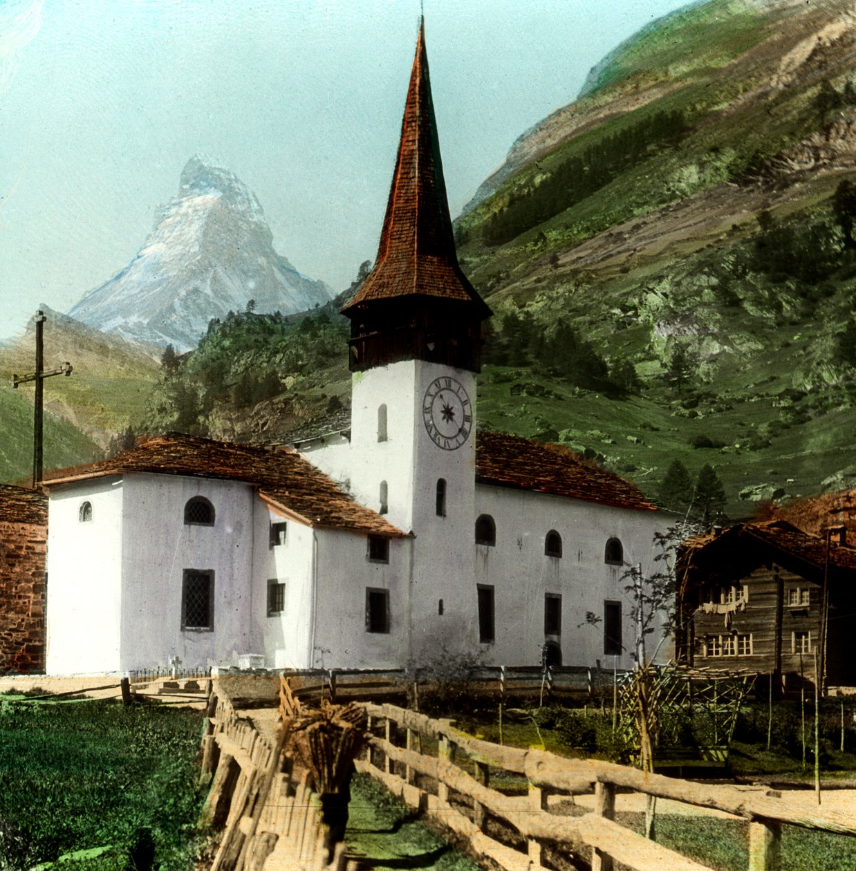 Kirke og Matterhorn, Zermatt, Schweiz af Unbekannt