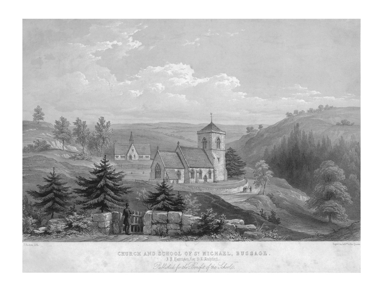 St. Michaels kirke og skole, Bussage, c1800. af Unbekannt