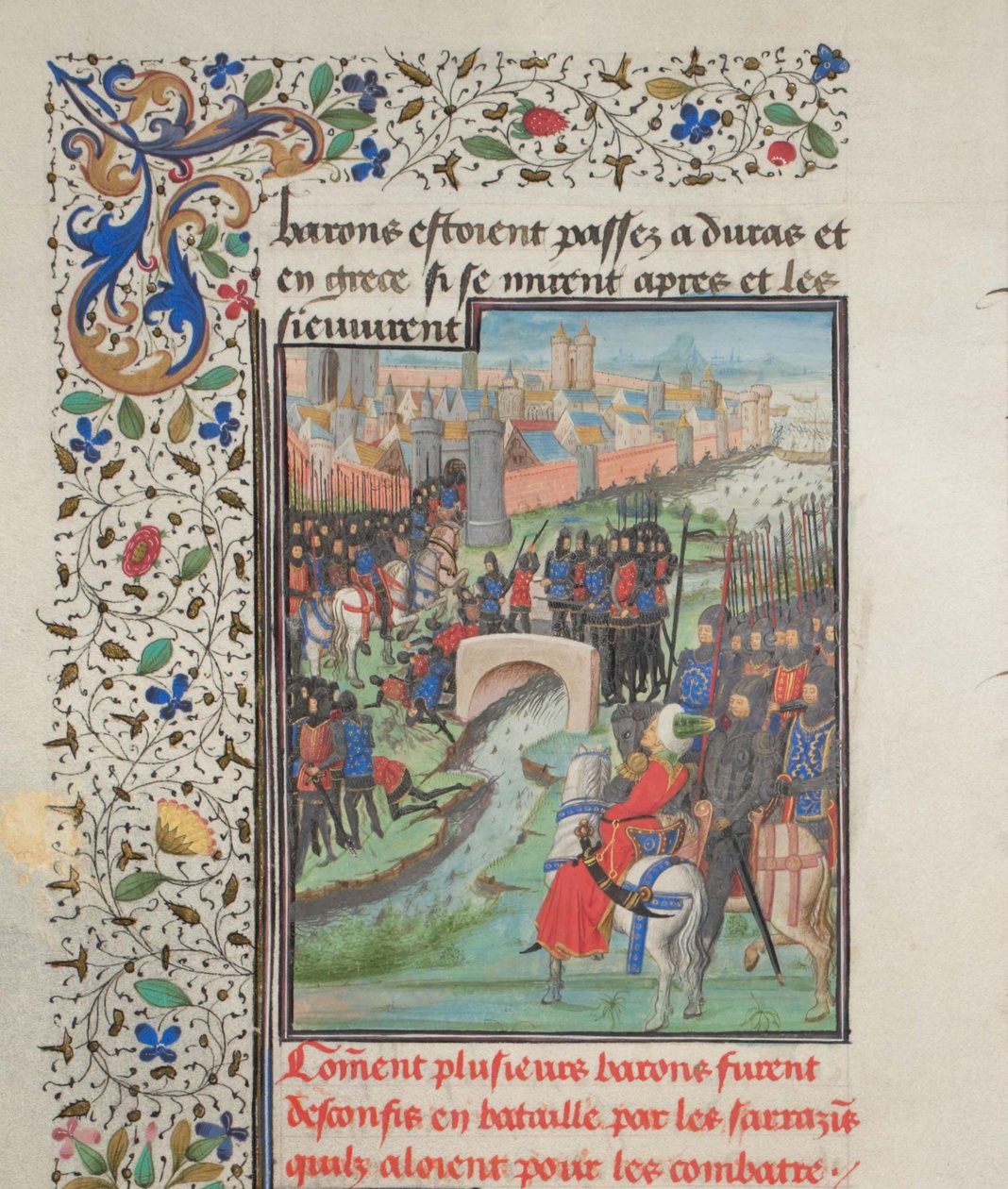 Sammenstød mellem baronernes og saracenernes hær. Miniature fra Historia af Vilhelm af Tyrus, 1460