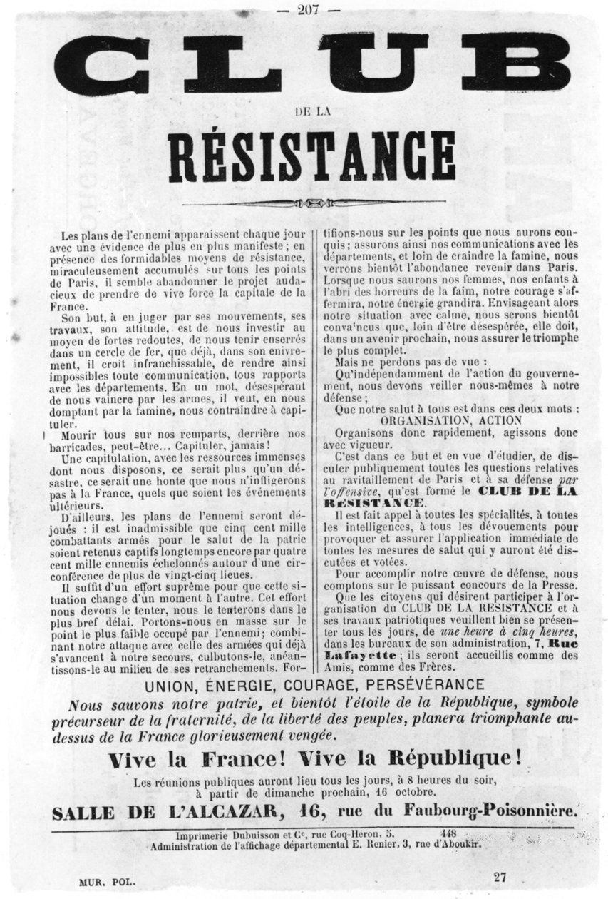 Club de la Resistance, fra franske politiske plakater fra Pariserkommunen, maj 1871 af Unbekannt