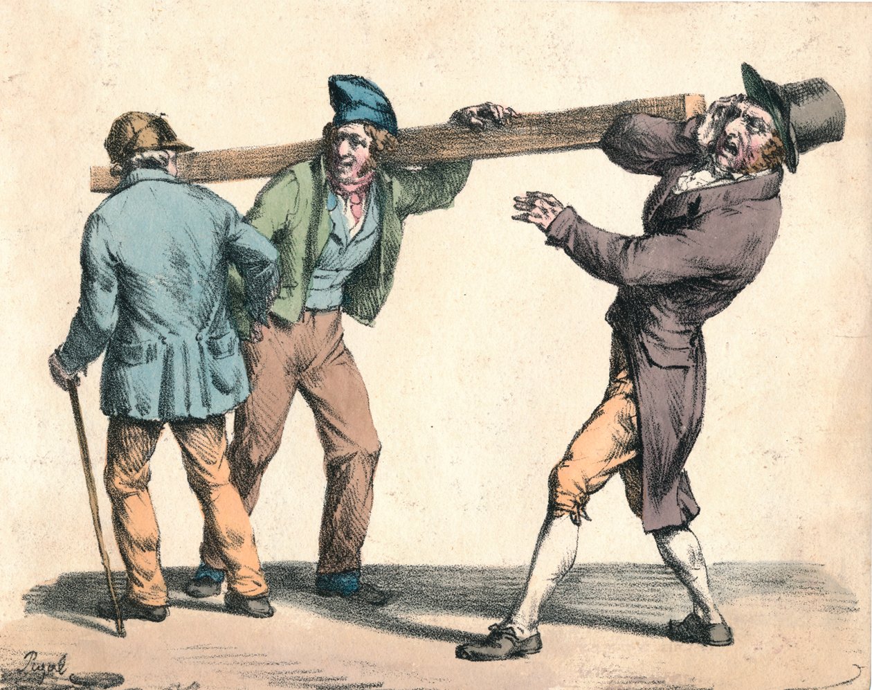 Klodset mand, der bærer en længde af træ, 1800-tallet. af Unbekannt