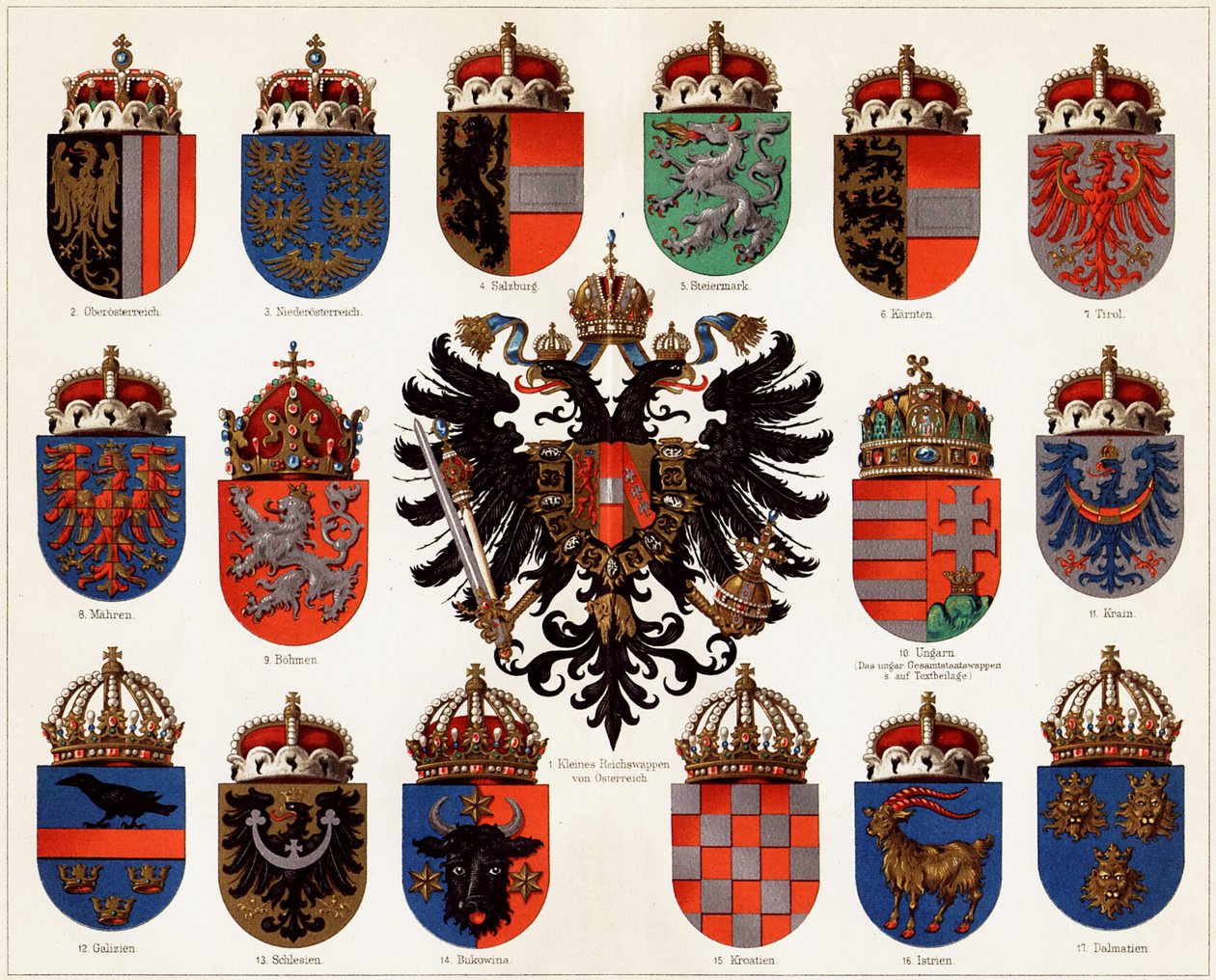 Våbenskjolde fra amterne Østrig-Ungarn og det lille østrigske nationalvåben, ca. 1907. af Unbekannt