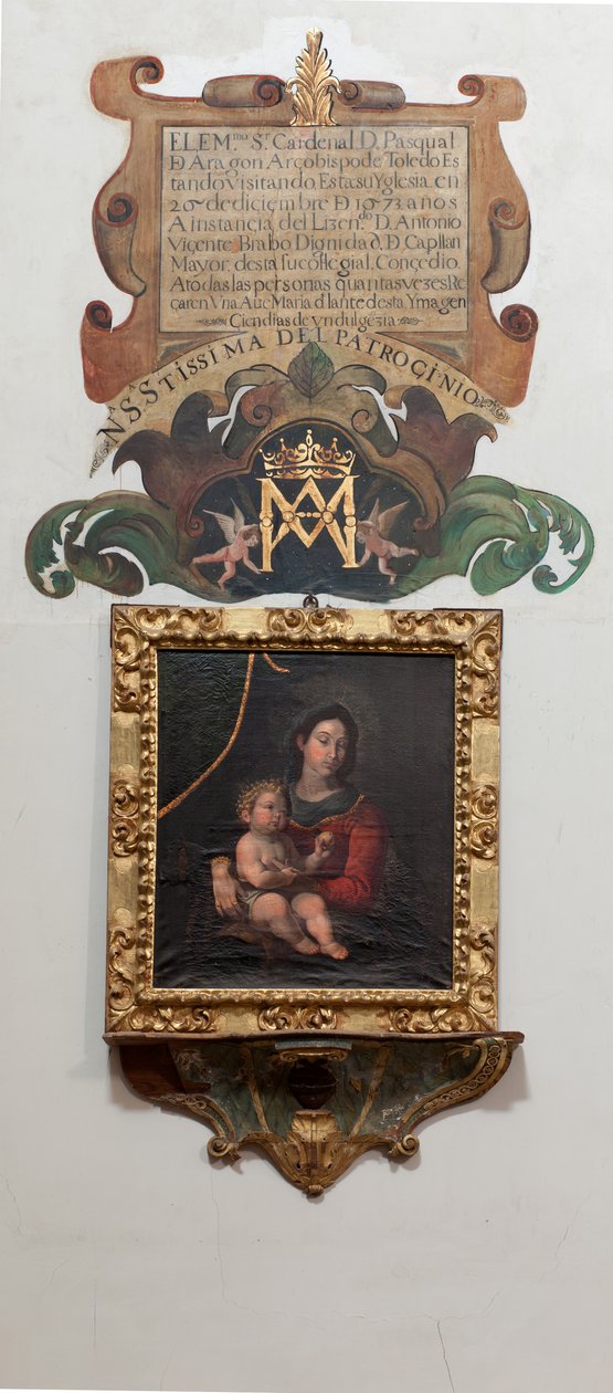 Kollegial kirke. Inde. Maler Madonna med barnet, olie på lærred. En væg, der maler legenden (legenden om Vor Frue af Patrocinio). af Unbekannt