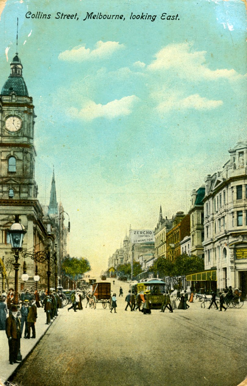 Collins Street, med udsigt mod øst, Melbourne, Victoria, Australien, omkring 1900-tallet af Unbekannt