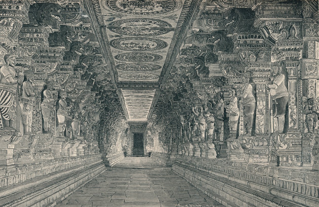 Kolonnade i det indre af det hinduistiske tempel på øen Rameswaram i det sydlige Indien, c1903, af Unbekannt