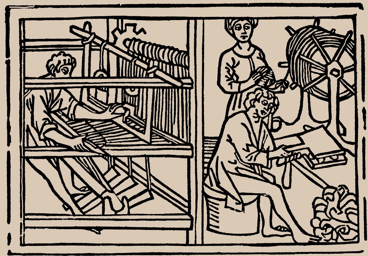 Kæmning, spinding og vævning af uld. Fra Speculum Vitae Humanae af Rodericus Zamorensis, 1479. af Unbekannt