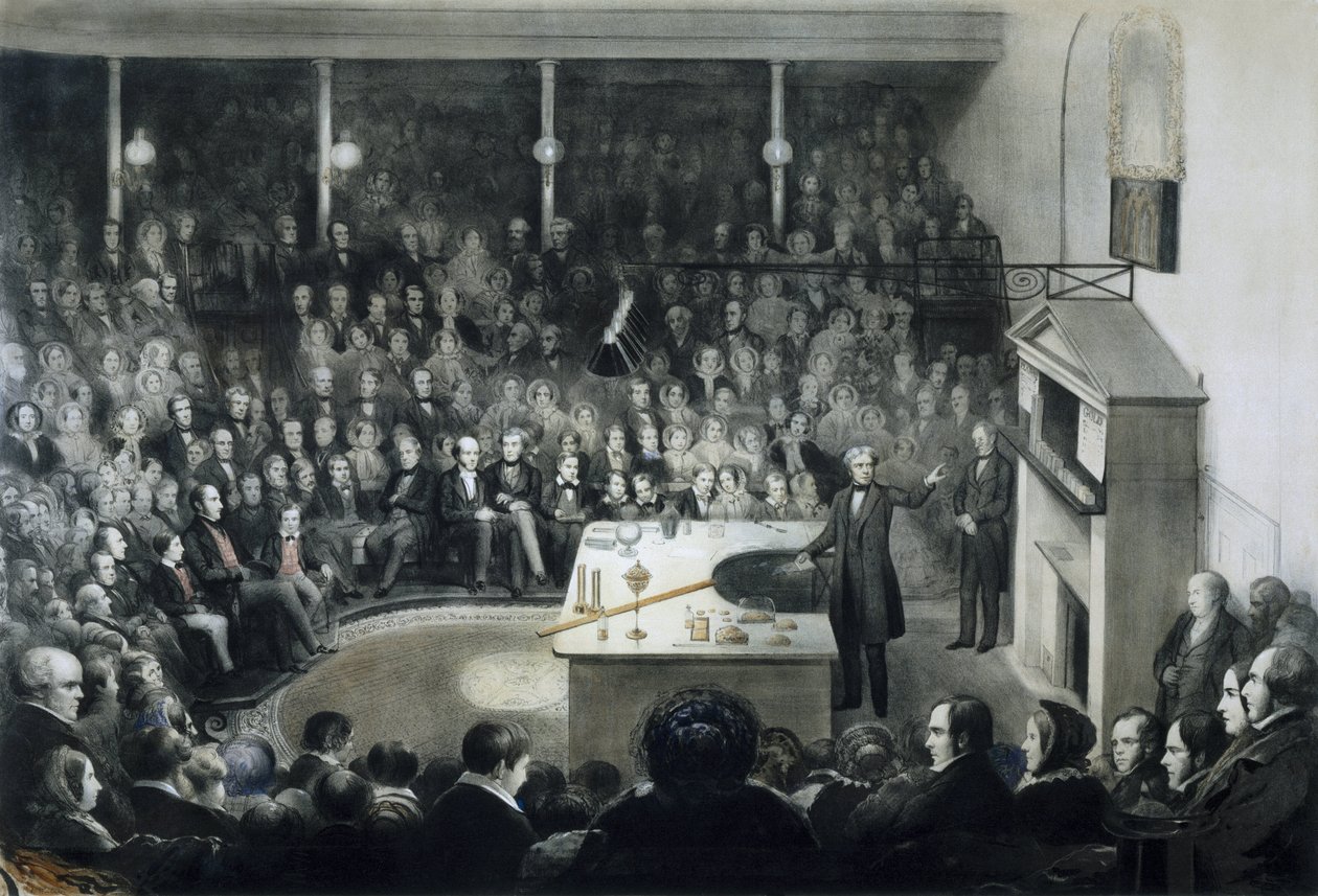 Foredrag af fysiker Michael Faraday (1791-1867) foran Royal Institution i London den 27. december 1855 i nærværelse af prins Albert af Saxe Cobourg Gotha (Saxe-Cobourg-Gotha) af Unbekannt