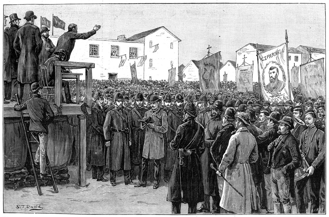 Politibetjent bevogter en regeringsreporter ved en plan for kampagnemøde, Irland, 1887 af Unbekannt