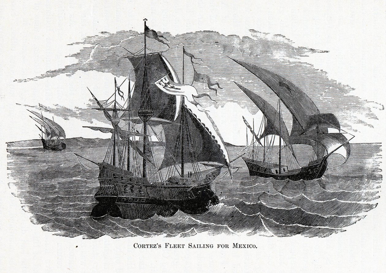 Cortezs flåde sejler til Mexico, 1882 af Unbekannt