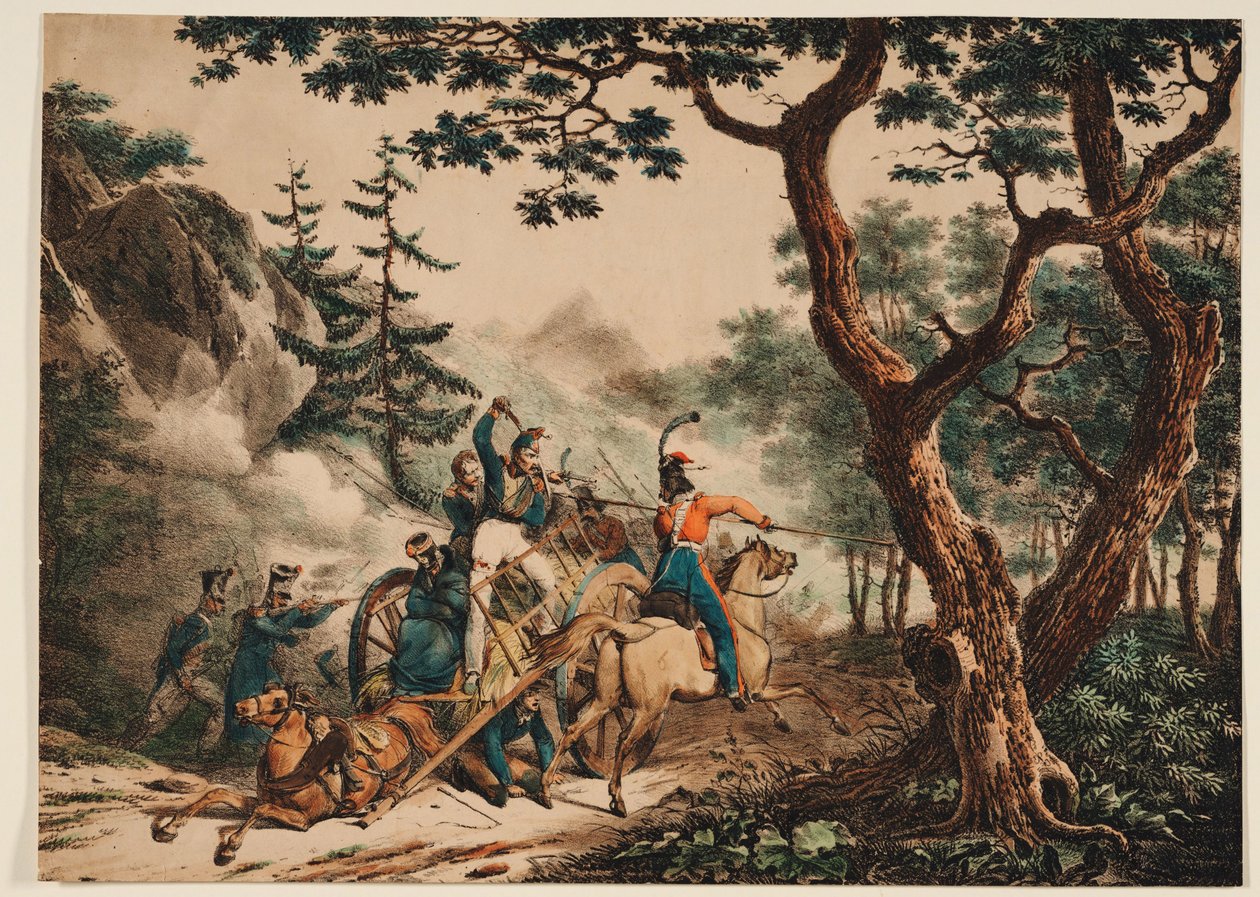 Kosakker angriber franske soldater i en skov, 1825 af Unbekannt