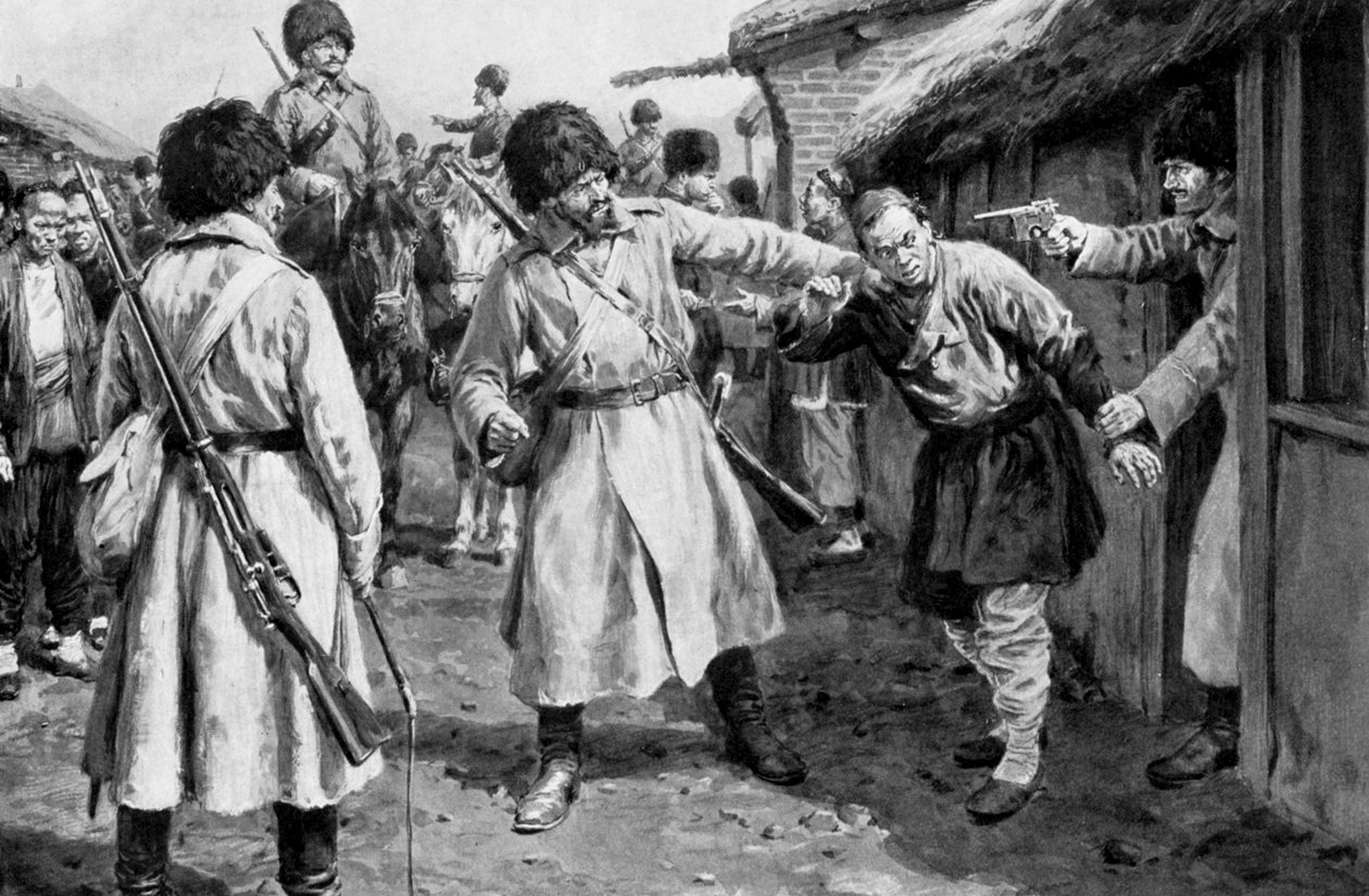 Kosakker søger efter japanske spioner i en manchurisk landsby, russisk-japanske krig, 1904-5 af Unbekannt