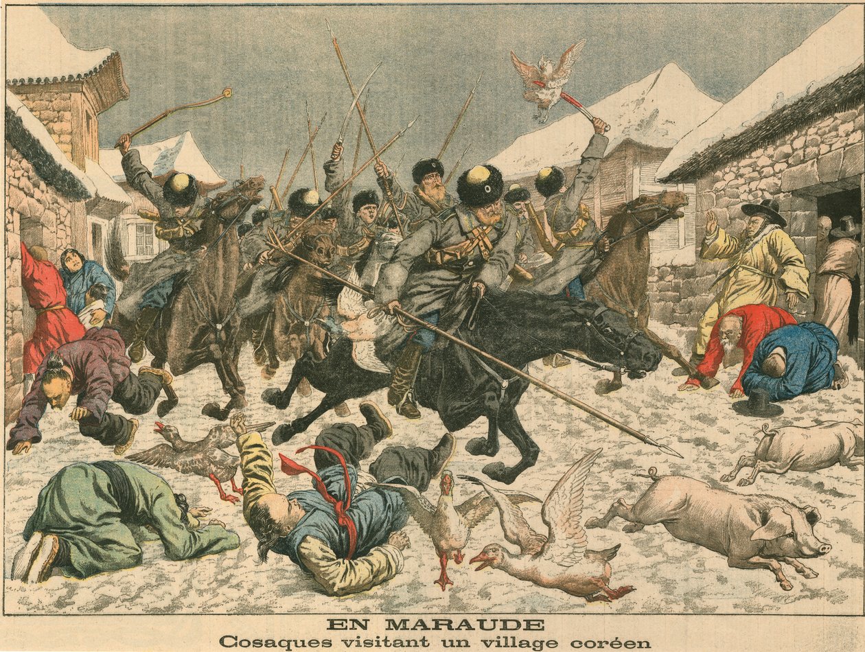 Kosakker terroriserer en koreansk landsby, russisk-japansk krig, 1904 af Unbekannt