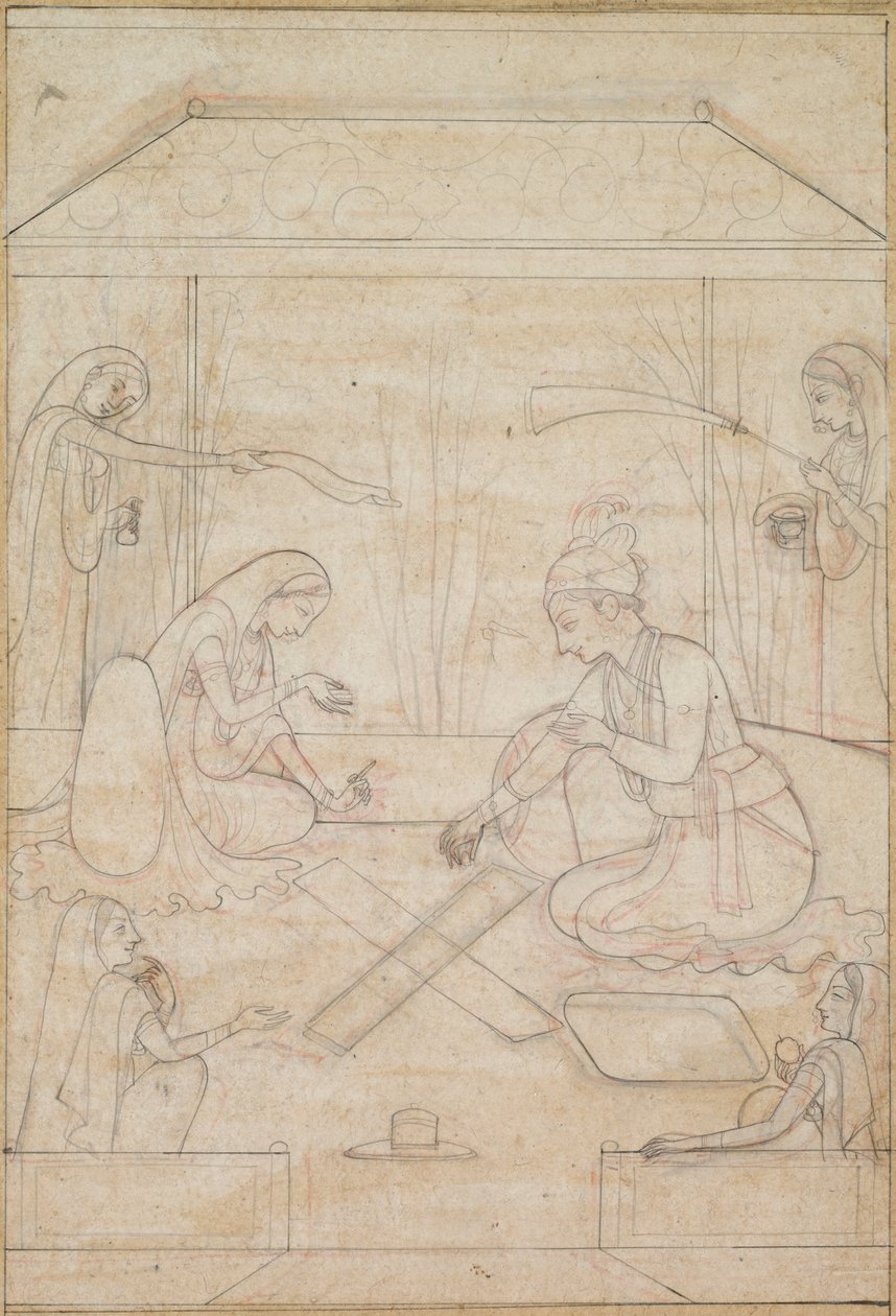 Par, der spiller Chaupar på en terrasse, ca. 1790-1800. af Unbekannt