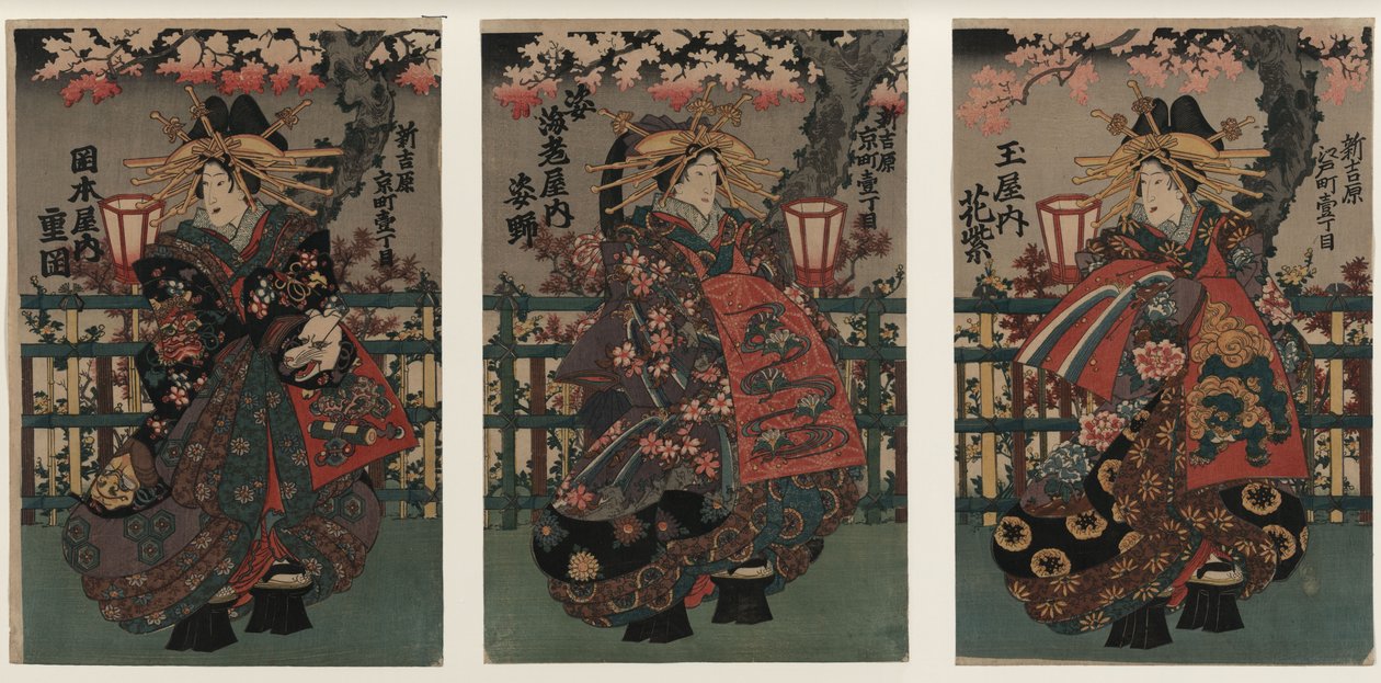 Kurtisanerne Shigeoka, Sugatano og Hanamurasaki. Triptykon. Fra serien The Beautys of the Yoshiw af Unbekannt
