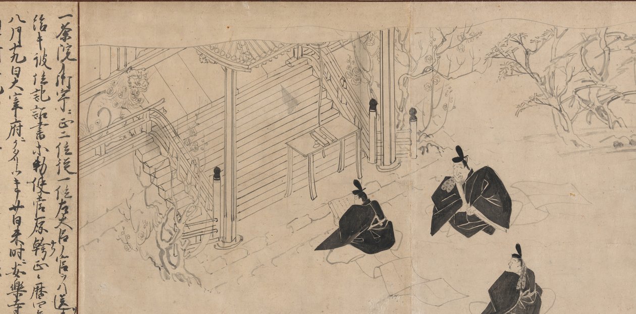 Hoffolk besøger Sugawara no Michizanes lighustempel..., ca. 1300. af Unbekannt