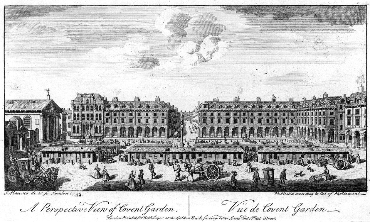 Covent Garden, London, viser boder i midten af pladsen, 1753 af Unbekannt