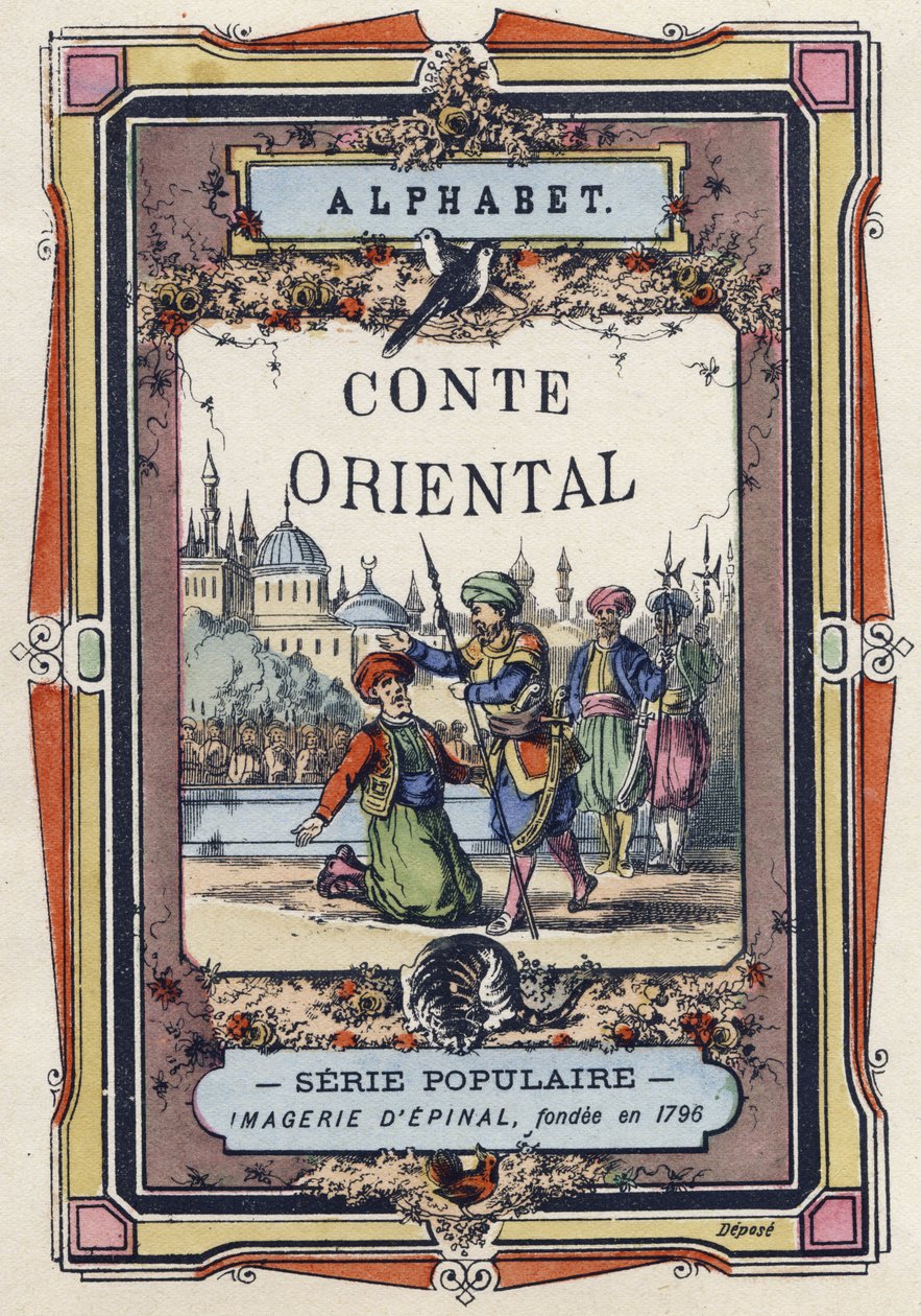 Omslag til alfabetet i den orientalske fortælling. Billeddannelse af Epinal, omkring 1890. Populær serie. Lille hæfte på 8 sider. Mål: 205x150mm. Stencilerede træstik med temaet metier af Unbekannt