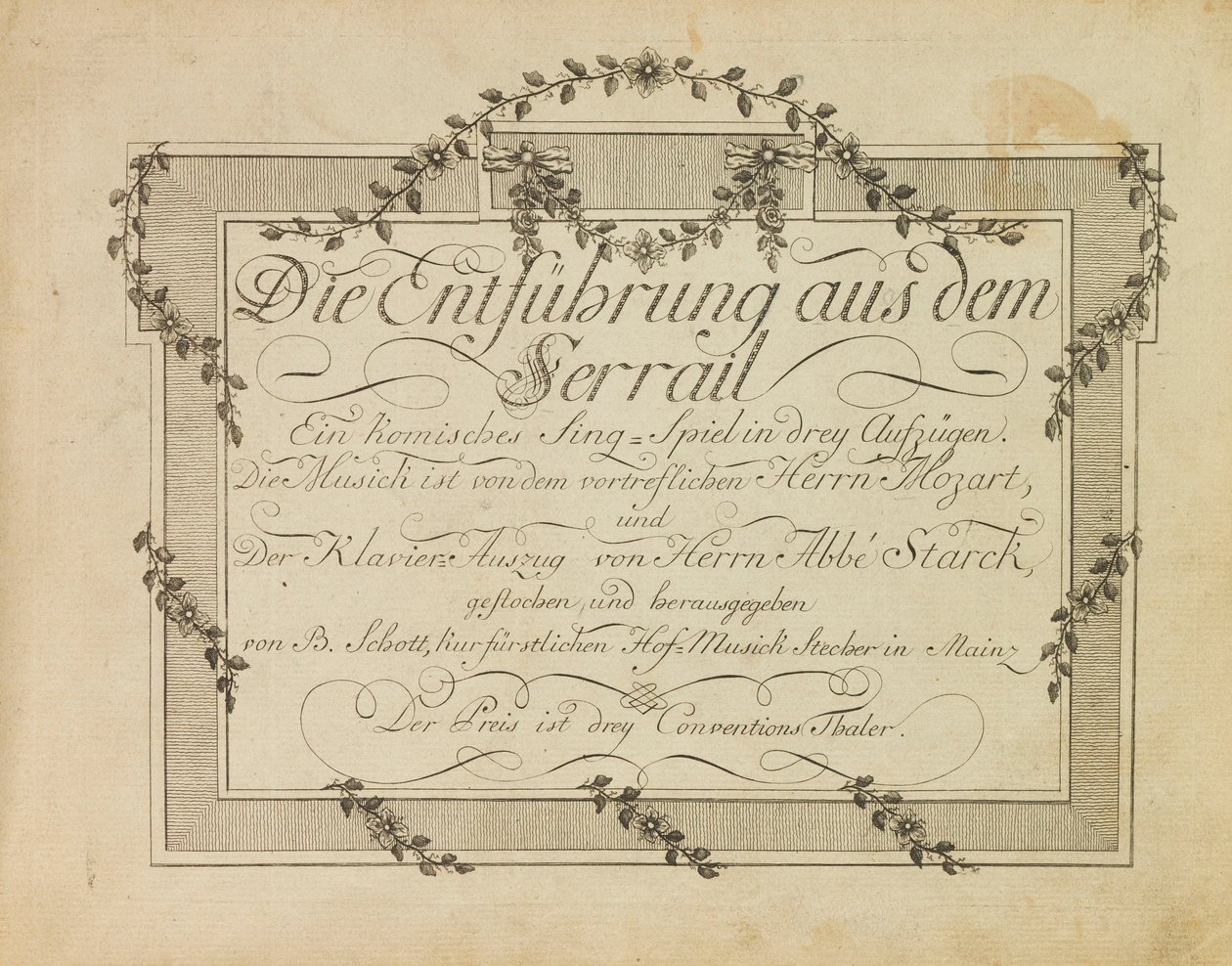 Cover af den første udgave af operaen Bortførelsen fra Seraglio af Mozart, aft.1786 af Unbekannt