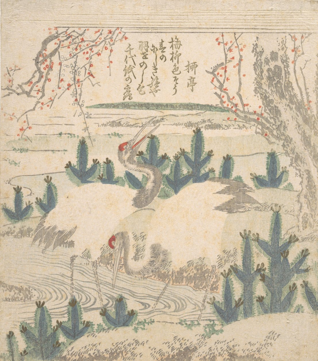 Traner blandt unge fyrretræer nær en å, ca. 1830. af Unbekannt