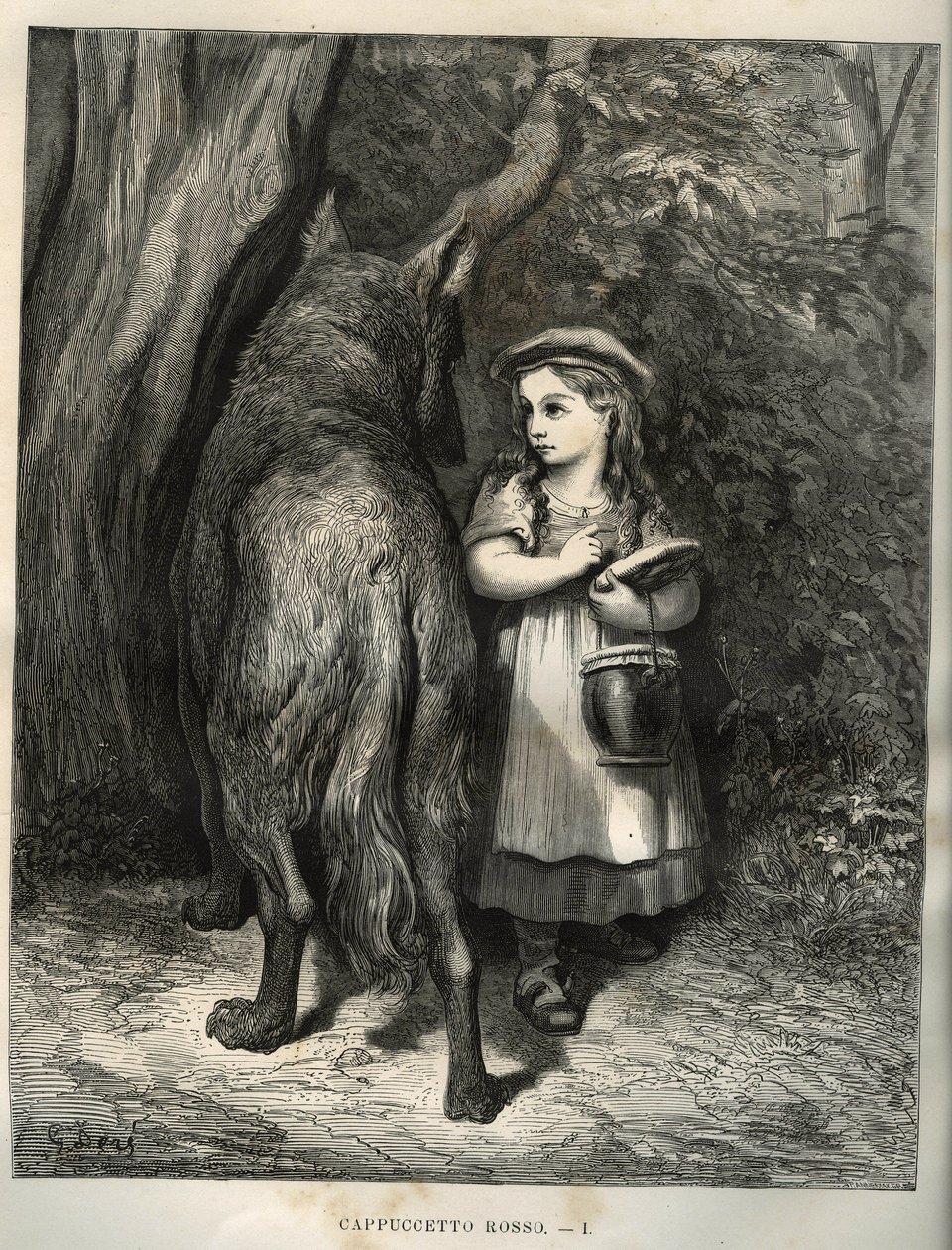 Når den krydser skoven, møder den lille rødhætte ulven. Gravering af Gustave Dore (1832-1883) fra "" Les contes"" af Charles Perrault (1628-1703) af Unbekannt