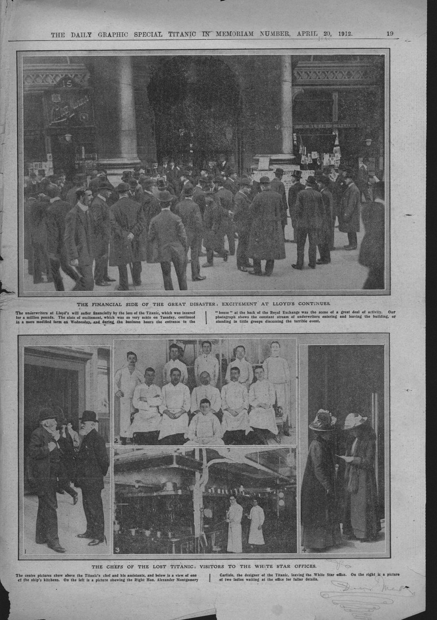 Mennesker uden for Lloyds of London, kokke om bord og White Star-kontorerne, 20. april 1912. af Unbekannt