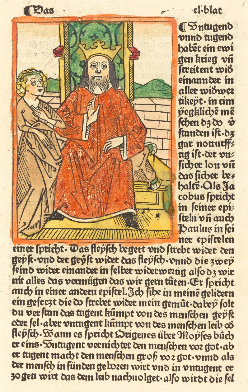 Kronet mand på en trone med jomfruen stående til venstre, ca. 1479. af Unbekannt