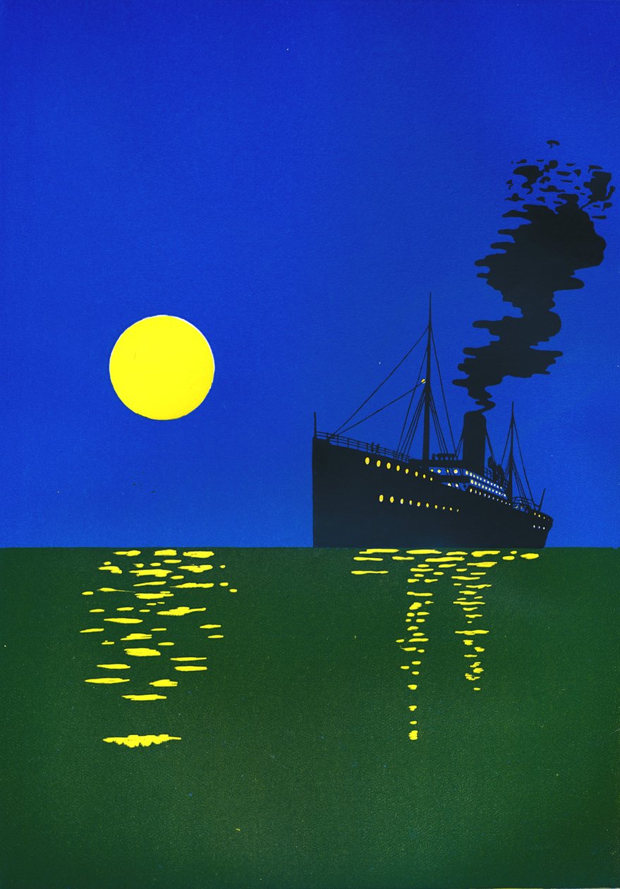 Krydstogtskib til søs med sol, 1909. af Unbekannt