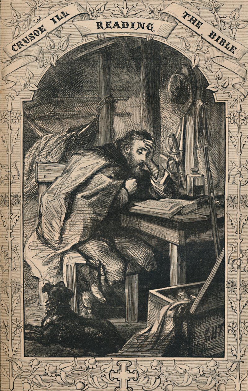 Crusoe læser dårligt i Bibelen, c1870 af Unbekannt
