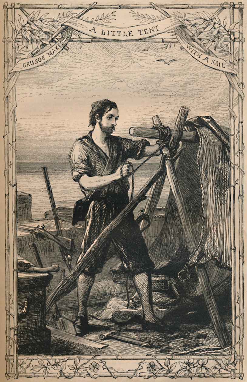 Crusoe laver et lille telt med et sejl, c1870 af Unbekannt