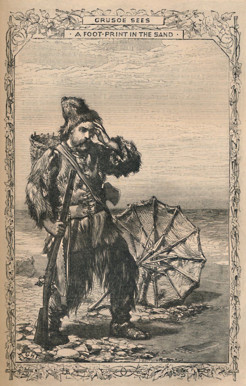 Crusoe ser et fodaftryk i sandet, c1870 af Unbekannt