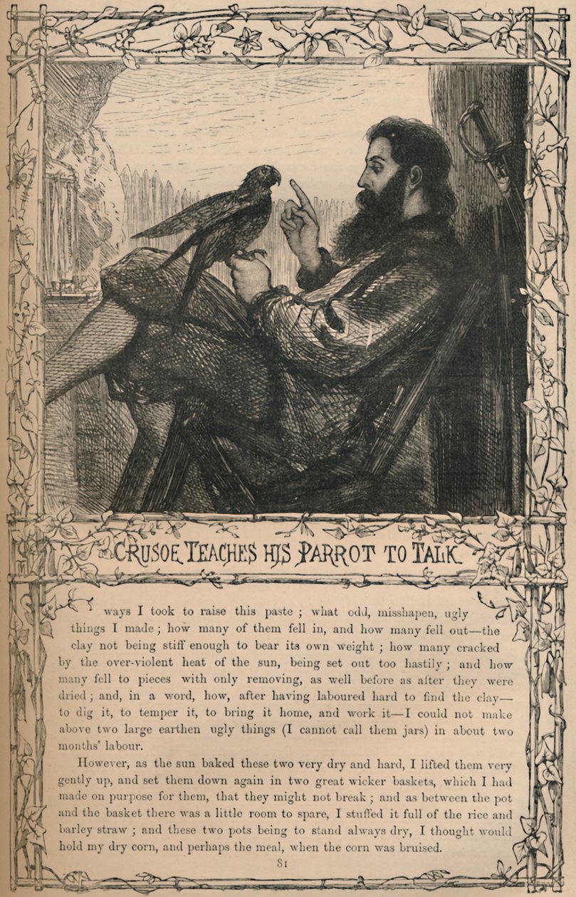 Crusoe lærer sin papegøje at tale, c1870 af Unbekannt
