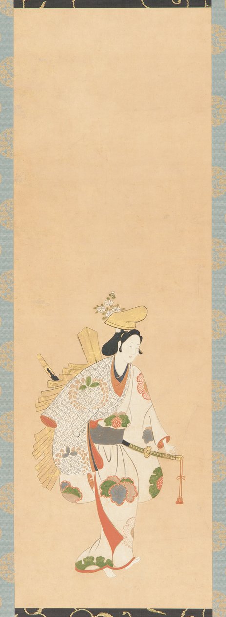 Danser i hvid kjole, mønstret med farvede blade..., Edo-perioden, Kambun-æraen, 1661-1673. af Unbekannt