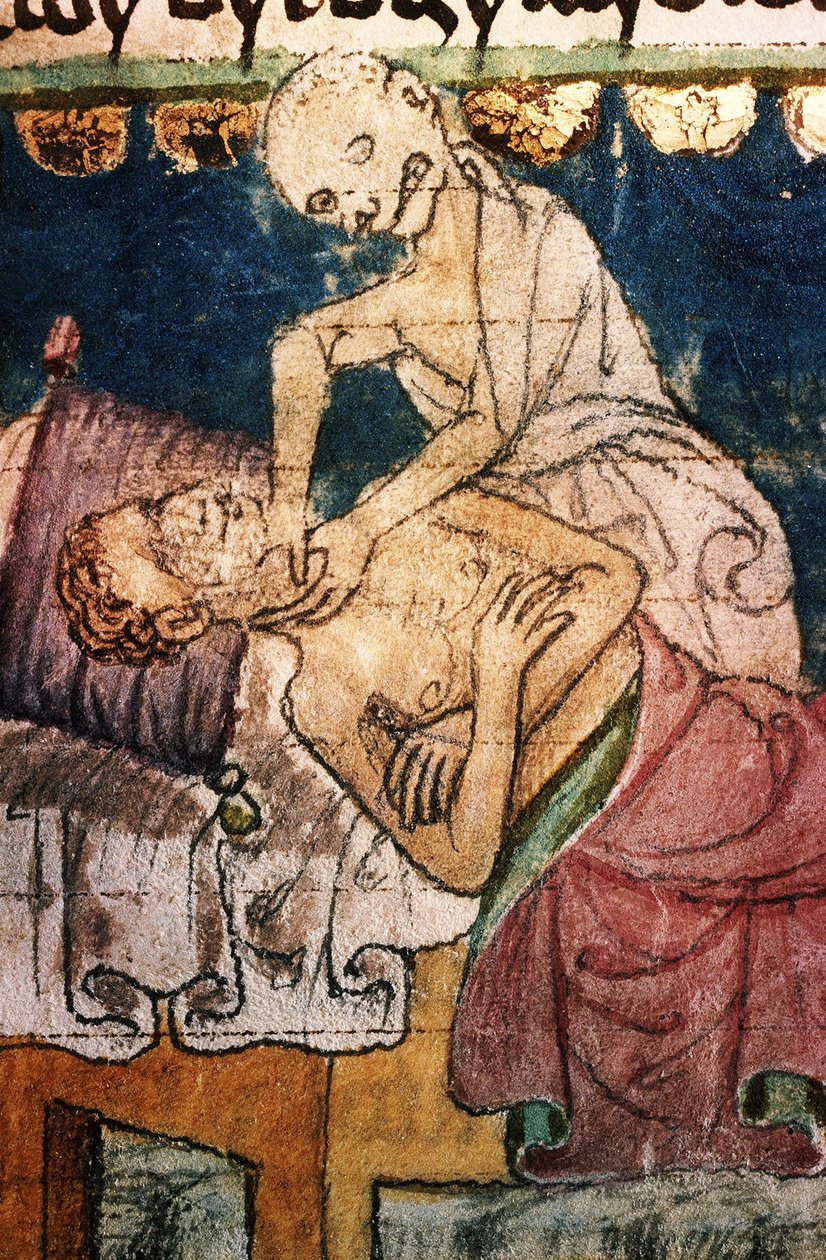 Døden kvæler et offer for pesten. Fra Stiny Codex, 1300-tallet af Unbekannt