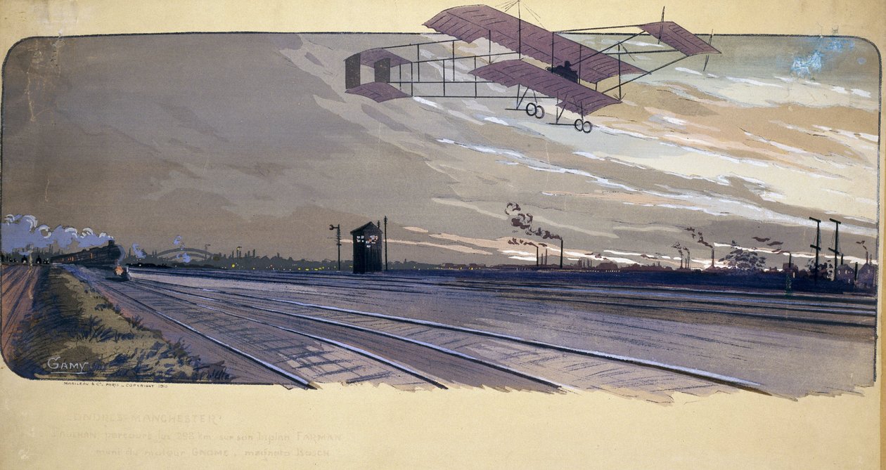 Luftfartens begyndelse: Louis Paulhan (1884-1963) passerer over et jernbanespor ombord på sin biplan under 300 km London/Manchester lige linjeløb den 27. og 28. april 1910 af Unbekannt