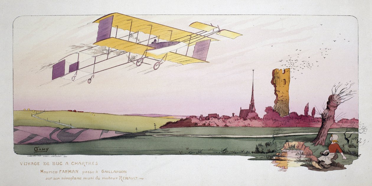 Luftfartens begyndelse: Maurice Farman (1878-1964) i sin biplan udstyret med en Renault-motor under løbet "Voyage de Bac a Chartres", omkring 1910 af Unbekannt