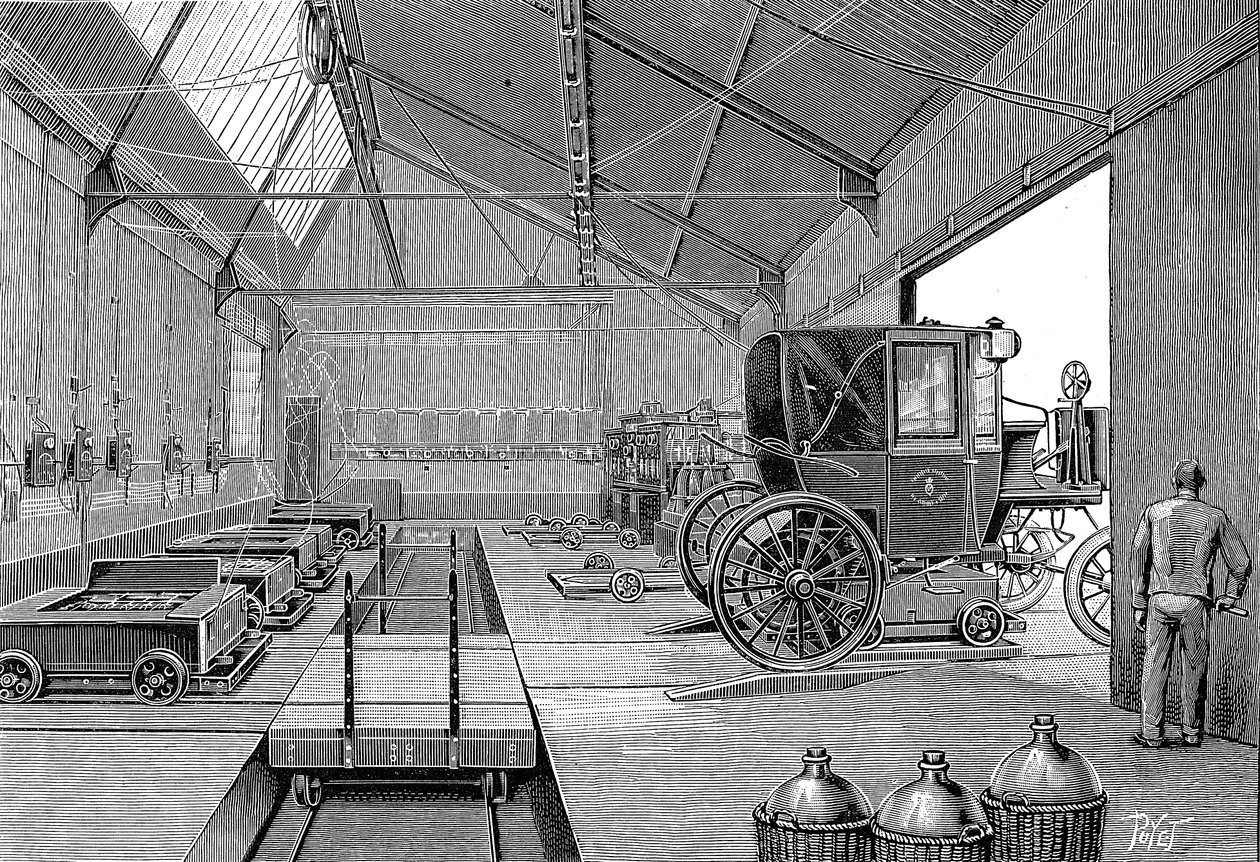 Depot, hvor elektrisk drevne Paris-førerhuse var udstyret med nyopladede batterier, 1899 af Unbekannt