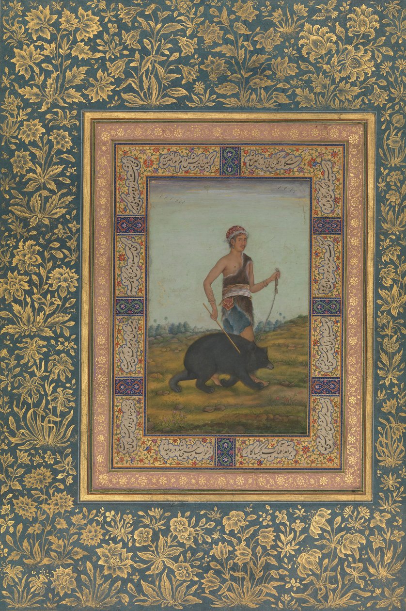 Dervish Leading a Bear, Folio fra Shah Jahan Album, recto: begyndelsen af det 19. århundrede. af Unbekannt